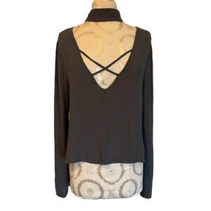 Elegant Dark Grey Women's long sleeve V-neck blouse with Crisscross front